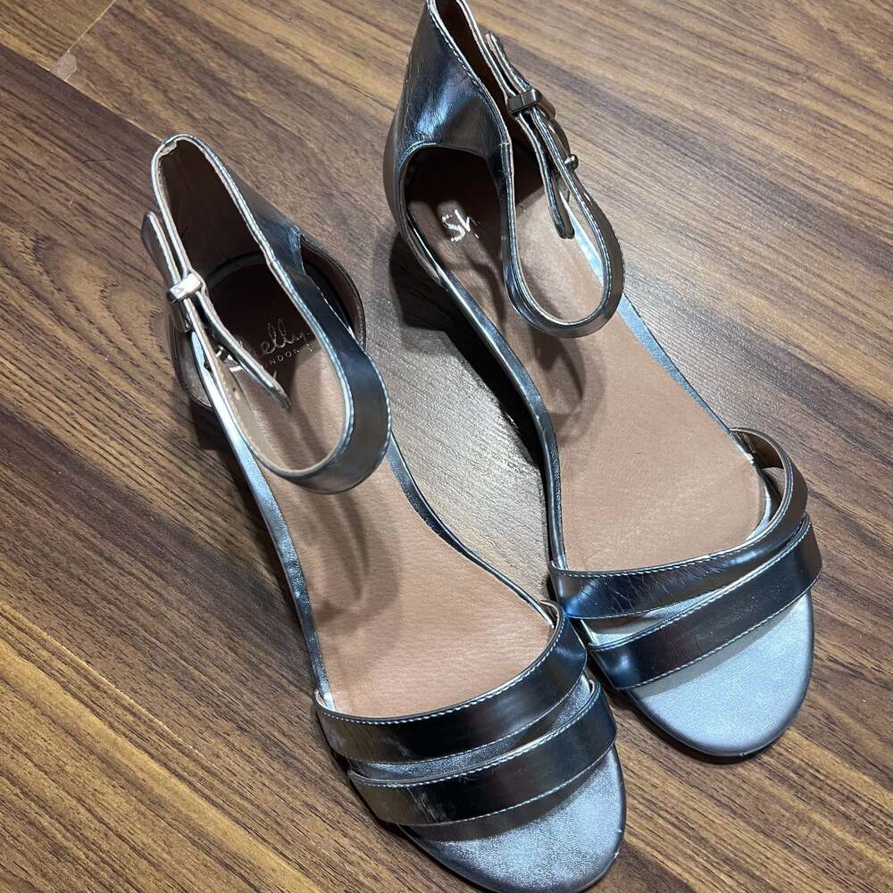 Shellys London Silver Metallic Strappy Low Block Heel Dress Sandals